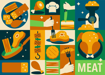 Geometric meat seamless pattern. Organic foods mosaic illustration for store branding, supermarkets