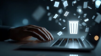Deleting Files Hand on Laptop Keyboard with Trash Can Icon and Floating Documents