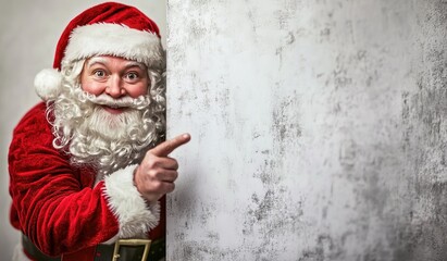 Happy cheerful Santa Claus pointing at empty wall, portrait studio shot, copy space on left for text, advertising concept, white and grey background, high resolution, detailed, sharp focus 