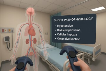 Doctor interacting with virtual reality controllers is learning about hypotension, reduced perfusion, cellular hypoxia and organ dysfunction in modern hospital room
