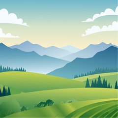 Green rolling hills under misty mountains