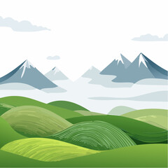 Green rolling hills under misty mountains