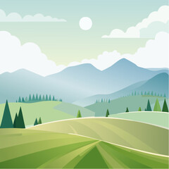 Green rolling hills under misty mountains