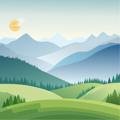 Fototapeta premium Green rolling hills under misty mountains