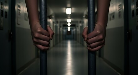 Young Hands Clutching Prison Bars in a Dim Corridor with Cold Shadows and Faded Light"