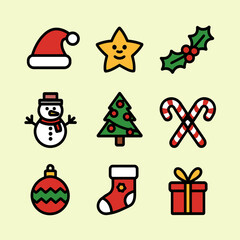 Fototapeta premium Vector art of collection of nine colorful christmas icons including a santa hat, star, holly, snowman, tree, candy canes, ornament, stocking, and gift box on a light yellow background