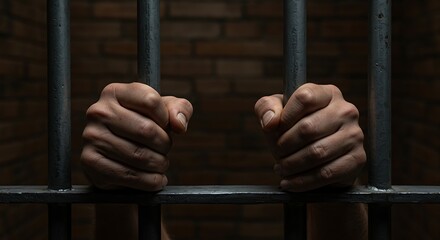 Closeup of Aged Hands Gripping Steel Prison Bars in a Dark Cell with Dramatic Lighting"