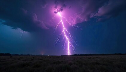 Fototapeta premium Spectacular display of a powerful discharge lightning bolt striking the ground during a dramatic thunderstorm The intense flash illuminates the dark landscape , thunder, clouds