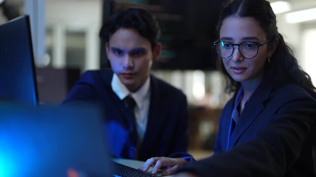 Two young colleagues work together in a modern office at night. The woman points at the computer screen, explaining an idea to the man as they collaborate on a project.