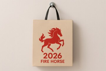 Beige shopping bag hanging on a wall, featuring a red fire horse and the year 2026, celebrating the Chinese zodiac