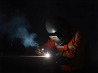 溶接面とオレンジ色の作業着を着た労働者のクローズアップ 暗闇の中で光る火花と煙