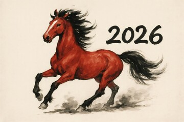 Watercolor painting of a galloping red horse with flowing mane and tail, symbolizing the year 2026 in the chinese zodiac