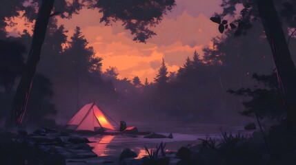 夕暮れ時の森の中のテント キャンプファイヤーの暖かさを感じる静かな風景イラスト