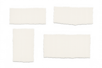 Four pieces of blank white torn notepaper with ripped edges on a transparent background, creating a versatile design element
