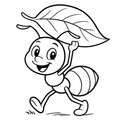 Fototapeta premium Cheerful cartoon ant carrying a leaf while walking - Concept of coloring page concept 