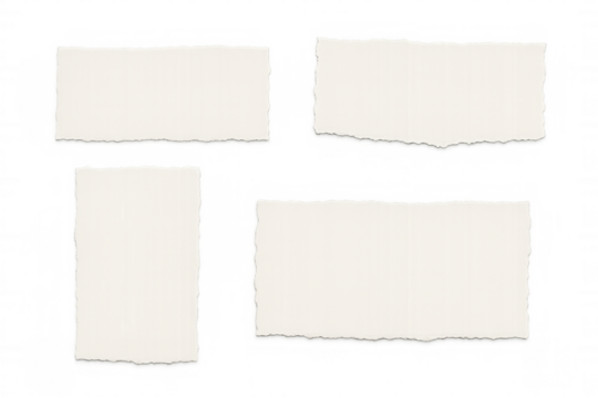 Four pieces of blank white torn notepaper with ripped edges on a transparent background, creating a versatile design element