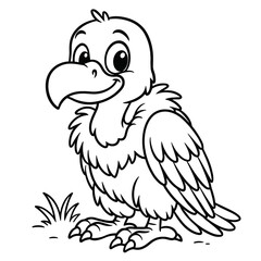 Fototapeta premium Cartoon vulture standing in grass against a white background, coloring page concept 