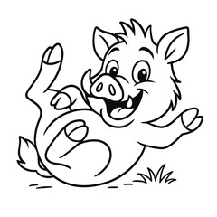 Happy wild boar rolling on the grass in a playful coloring page concept  