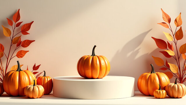 vibrant pumpkin display stands atop minimalist pedestal surrounded autumnal foliage illuminated soft natural light amidst