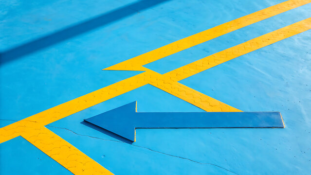 Bright blue arrow pointing left on a vibrant turquoise surface with yellow directional lines and markings