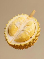 Obraz premium ハーフカットされたとげとげのドリアンは、淡いアプリコット色の背景に黄色がかった白い果肉を見せています