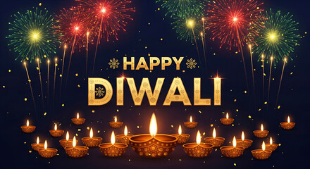 Happy Diwali: Golden Text, Diyas, & Fireworks on Dark Blue