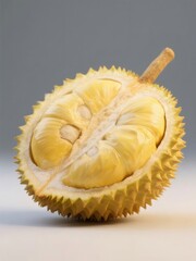 Obraz premium カットされたドリアン果実 クリーミーな黄色の果肉と質感のある棘の殻 グレーがかった背景
