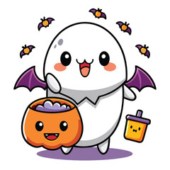 Vector art of cute cartoon ghost character with bat wings holding a pumpkin candy bucket