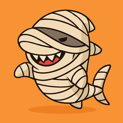 Vector art of cute cartoon mummy shark with bandages and sharp teeth, halloween theme, isolated on orange background