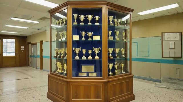 Trophy display case in a school hallway.