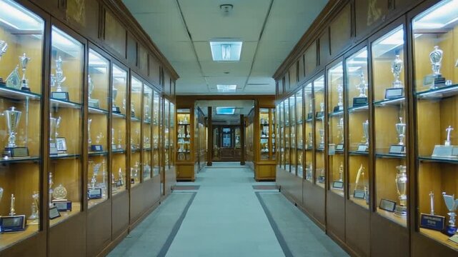 Trophy display case in a school hallway.