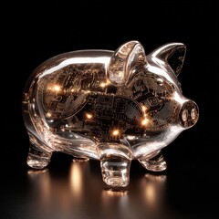 A transparent piggy bank shaped like a pig, filled with glowing golden circuit board patterns and lights