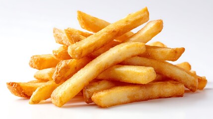 Pile of golden and crispy french fries isolated on white background, a classic and irresistible side dish perfect for any meal or snack