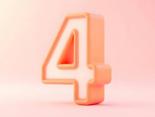 光沢のあるピーチ色と白の数字4 パステルピンクの背景に3Dレンダリングされたお祝いのデザイン