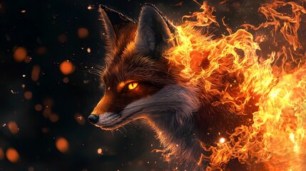 Fototapeta premium Fiery Fox A Digital Illustration of a Fantasy Fox with a Majestic Presence, Emanating Flames and Captivating Eyes, a Realm of Magic