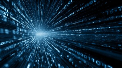 Dynamic digital stream of binary code data flowing through a futuristic cyberspace tunnel