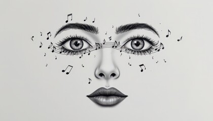 Stylized Monochrome Female Face with Musical Elements