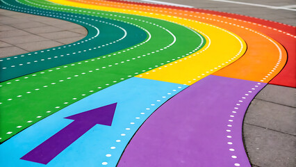 Vibrant rainbow colored winding road painted on asphalt with directional arrow and dotted lines for children s play area
