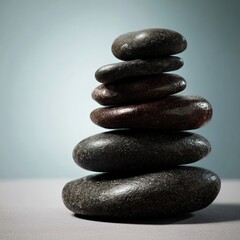Stack of smooth, dark, wet spa stones balanced precariously on a textured surface with a soft, outoffocus background