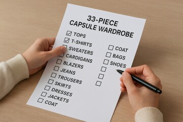 Hands holding a capsule wardrobe checklist and checking items with a pen, planning a minimalist and sustainable wardrobe
