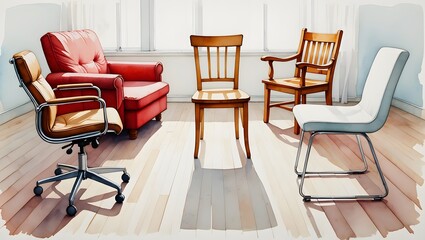 Hand-Drawn Chair Collection – Sketch Illustration of Chairs in Various Shapes and Sizes Arranged in a Whimsical Artistic Style