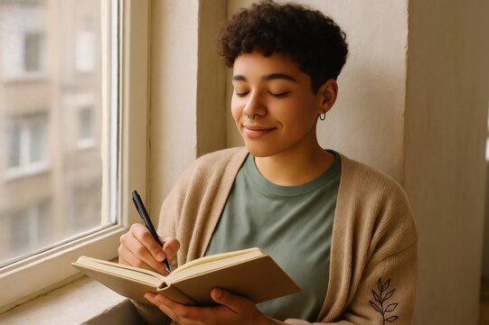 Young woman sitting next to window writing on a notebook, enjoying natural light and taking notes of her thoughts - Powered by Adobe