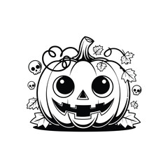Black and White Halloween Pumpkin Illustration – Jack O’Lantern with Skulls and Leaves