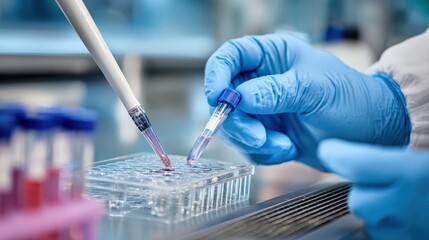 Scientist in blue gloves and protective suit using pipette to transfer liquid into microplate in laboratory