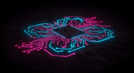 Futuristic neon circuit board pattern on a dark background, glowing tech design.