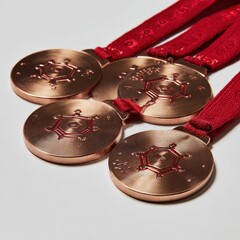 A group of shiny bronze medals with red ribbons, representing accomplishment and success in a competition