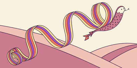 Illustration of a ribbon snake with colorful stripes flying over pink hills in a whimsical cartoon style