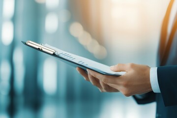 Medium shot of business professional holding report titled carbon credit green finance strategy.