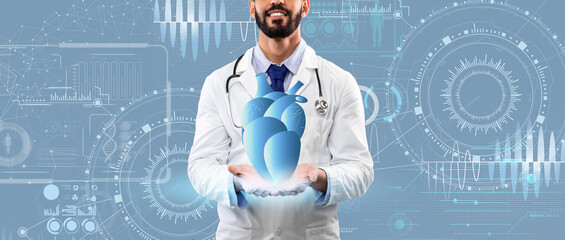 A doctor in a white coat stands confidently, presenting a floating heart illustration surrounded by...