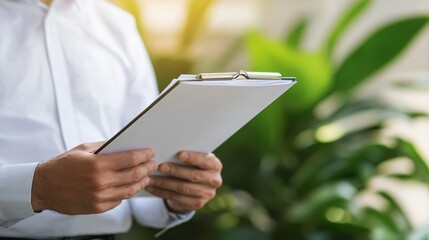 Medium shot of business professional holding report titled carbon credit green finance strategy.